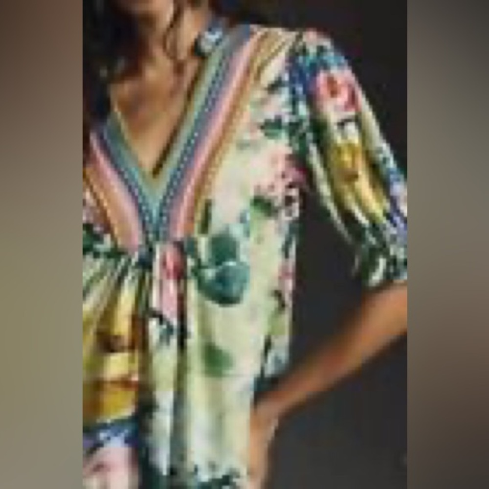 Anthropologie Floral V-Neck Blouse - Green and Pink
